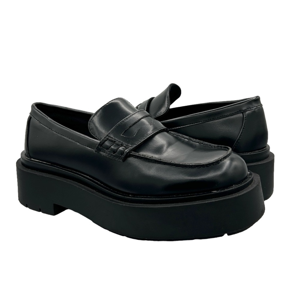 H&M Black Faux Leather Chunky Platform Preppy‎ Slip On Penny Loafers (6)